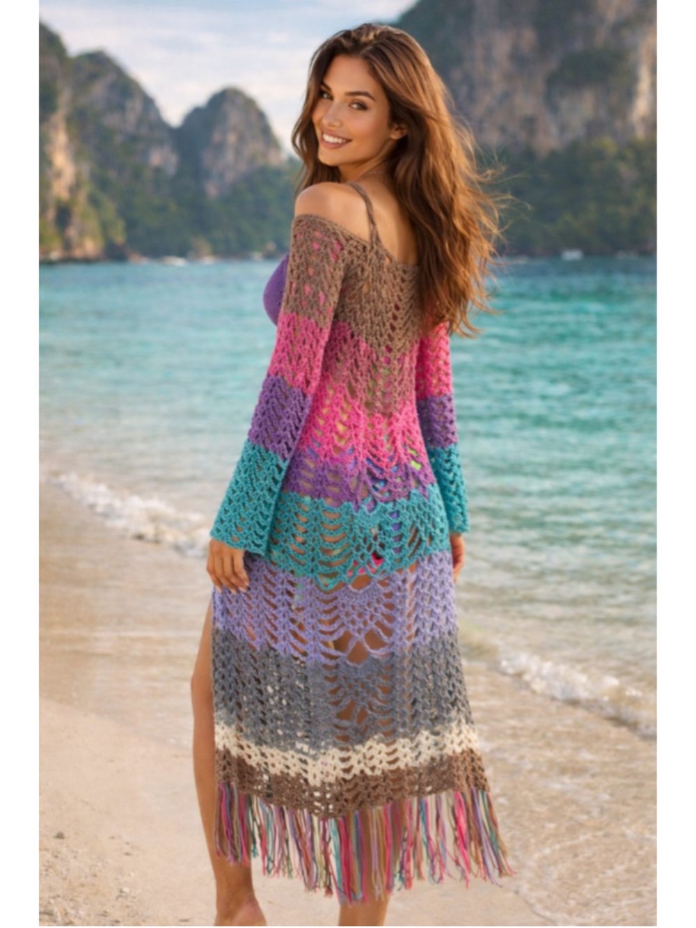Hand Crocheted Knit Maxi Swim Cover Up Fringe Beach Resortwear Quiet Luxury Boho